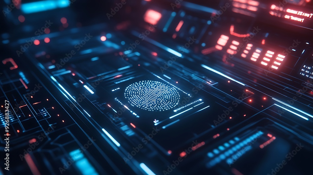 Fototapete high-tech identity verification interface with biometric scans and digital fingerprints