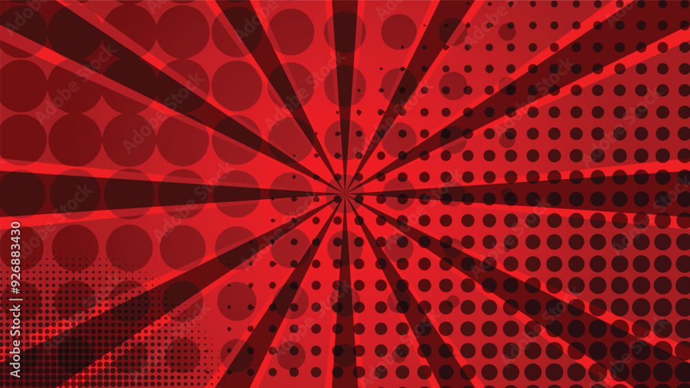 Wall mural abstract red comic sunburst background with graphic halftone dot decoration