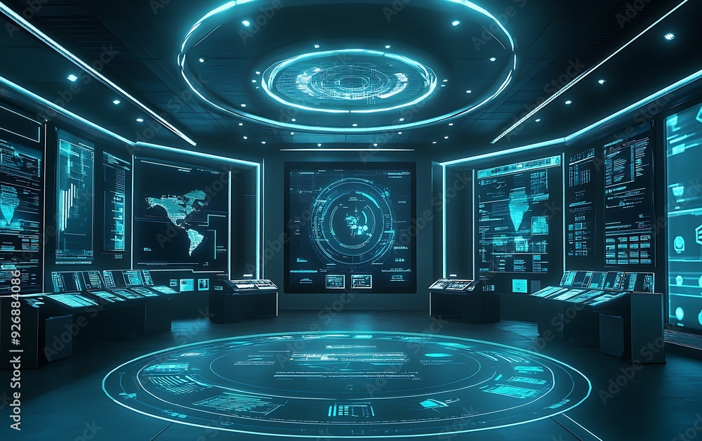 Poster futuristic control room for managing identity verification systems with real-time data
