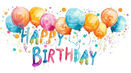 Watercolor birthday card with colorful balloons and confetti.