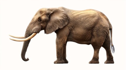 Majestic African Elephant: A solitary African elephant stands proudly against a white backdrop, showcasing its impressive size, wrinkled skin, and tusks.