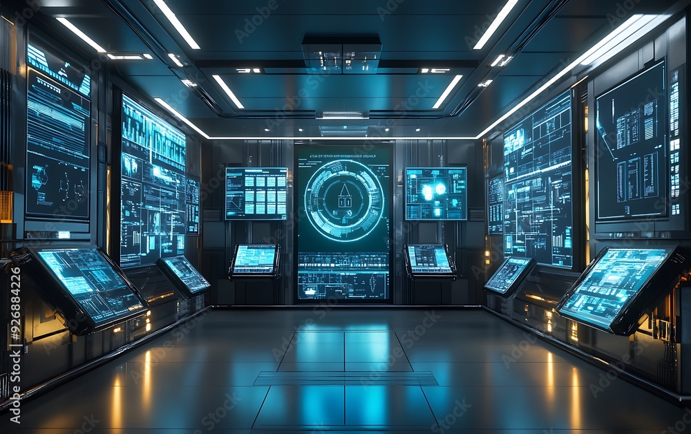 Poster futuristic control room for managing identity verification systems with real-time data