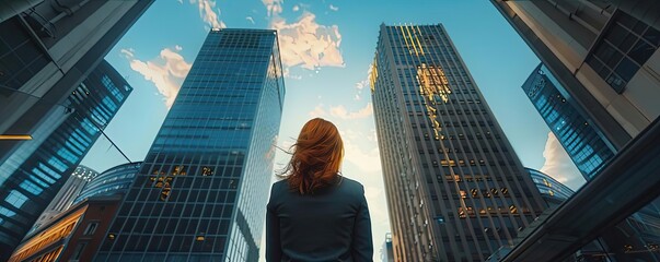 A woman stands in awe, gazing at towering skyscrapers under a vibrant sky, symbolizing ambition and urban life.