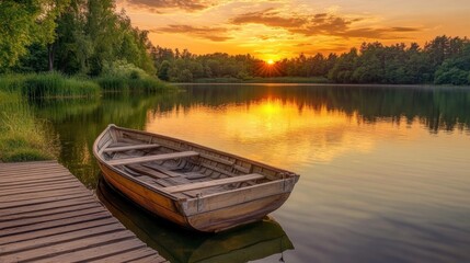 Obraz premium Sunset Serenity on the Lake with a Wooden Boat