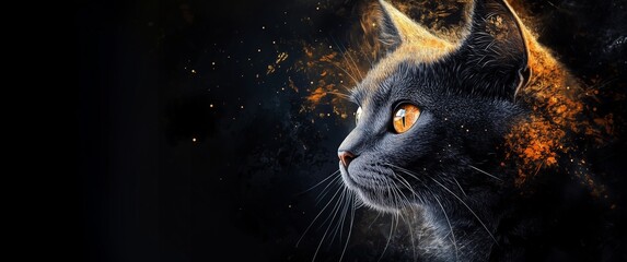 A striking black cat looks upwards, its golden eyes sparkling against a backdrop of stars and cosmic hues.