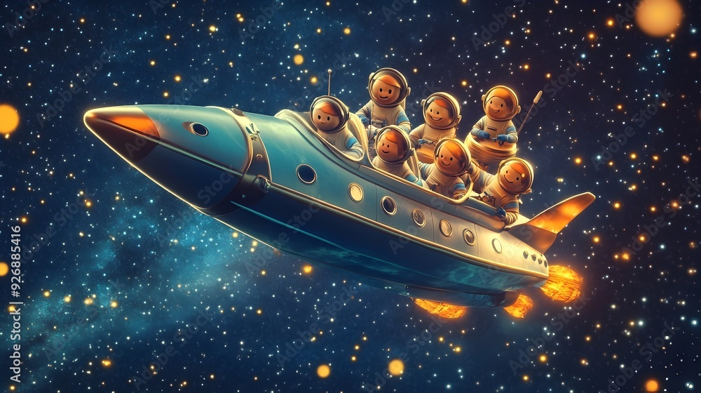 Poster smiling cartoon astronauts aboard futuristic spaceship exploring starry galaxy