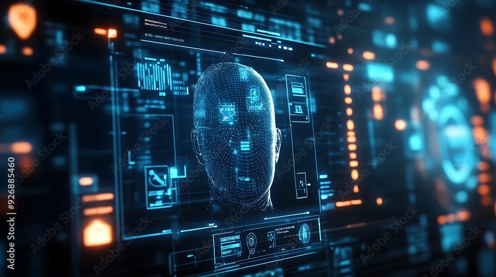 Leinwandbilder high-tech identity verification interface with biometric scans and digital fingerprints