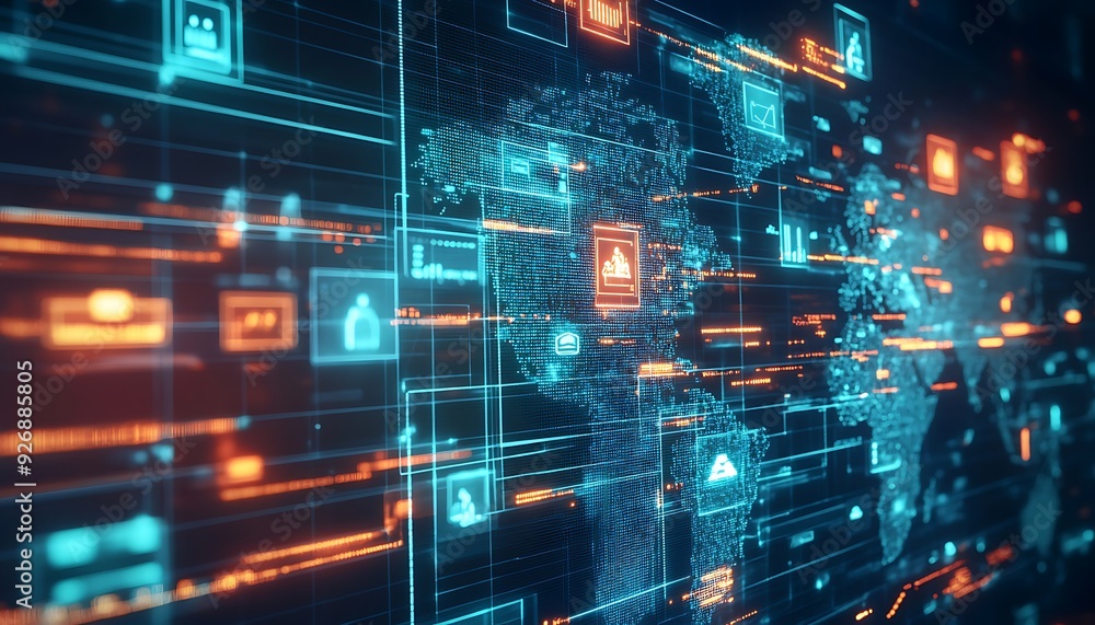 Fototapete Visualization of Secure Identity Verification with Encryption and Biometric Data