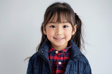 A young girl with dark hair in pigtails smiles warmly while wearing a checkered jacket. Her friendly demeanor and bright smile create a sense of approachability and warmth.