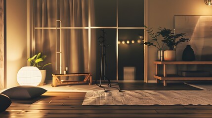 Stretching session in a warm home studio, showcasing a calm and inviting environment for yoga or fitness exercises.