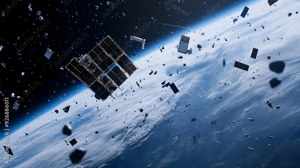 Fototapete space debris monitoring satellite capturing data on nearby space junk with sensor cluster