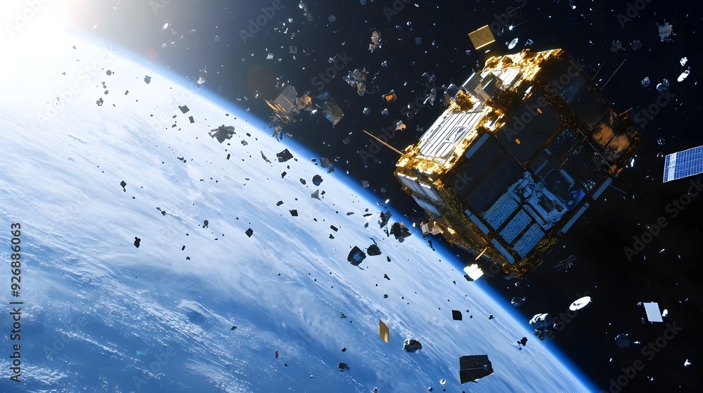 Poster space debris monitoring satellite capturing data on nearby space junk