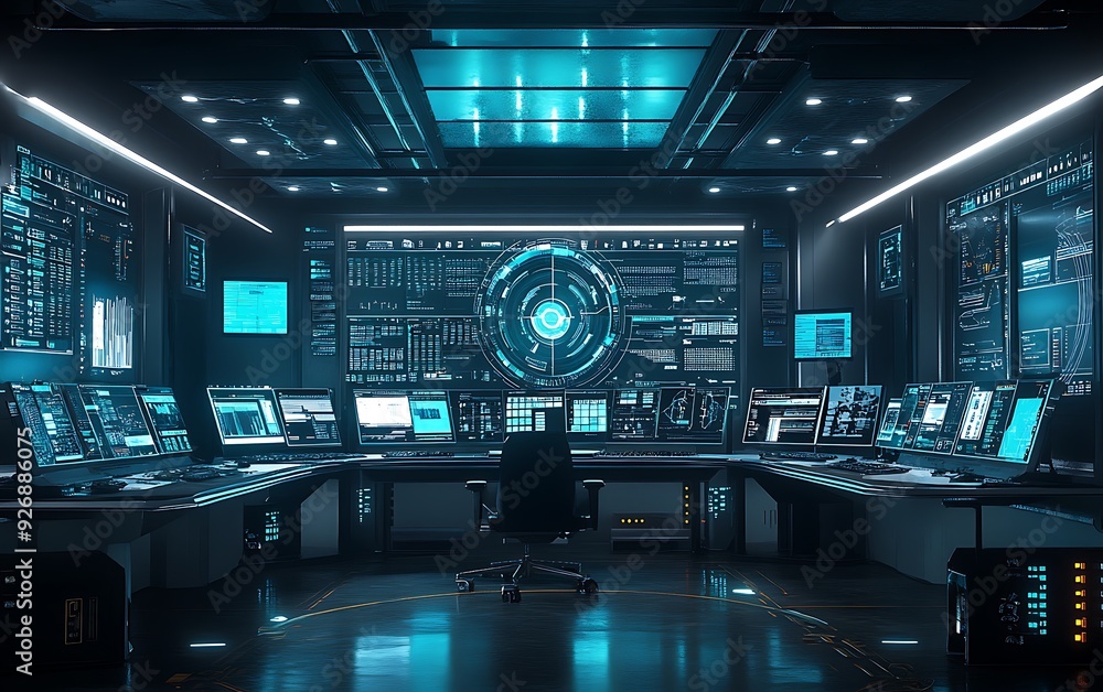Poster futuristic control room for managing identity verification systems with real-time data