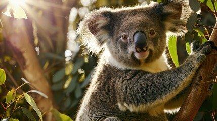 Obraz premium a koala in a tree, with its soft fur illuminated by the setting sun. Ideal for eco-tourism promotions and educational exhibits about Australian wildlife.