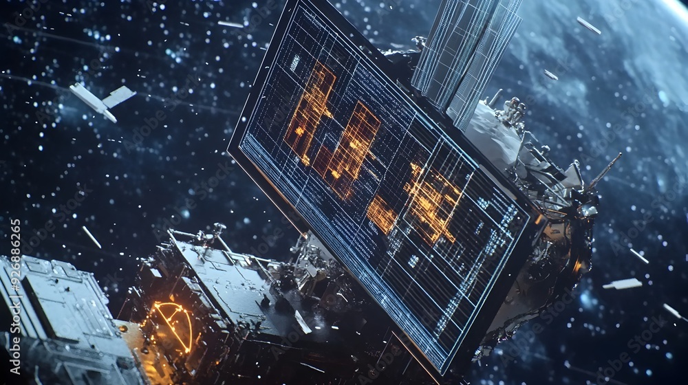 Aufkleber spacecraft s radar actively tracking space debris with data visualization