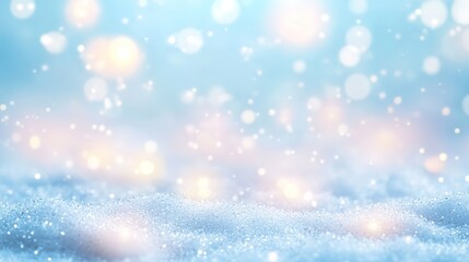 Fototapeta premium Ethereal Winter Celebration Banner with Snow Bokeh and Glittering Lights, Pastel Blue and Gold Themed Design for Christmas or New Year's Festivities, Copy Space Included