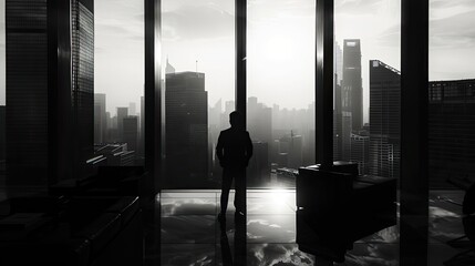 Fototapeta premium A silhouette of a person in a modern office overlooking a city skyline during sunset, conveying feelings of solitude and reflection.