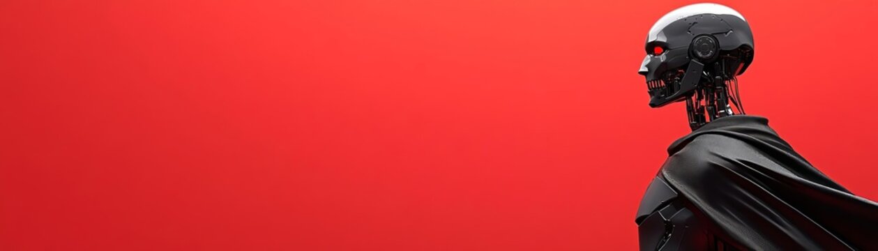 Android robot wearing a vampire cape, sharp fangs exposed, isolated on a solid red background with ample copy text space