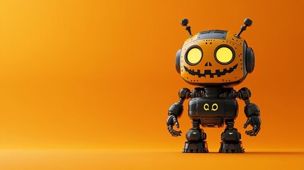 Full body android robot dressed in a spooky Halloween costume, isolated on a solid orange background for commercial use, ample copy text space