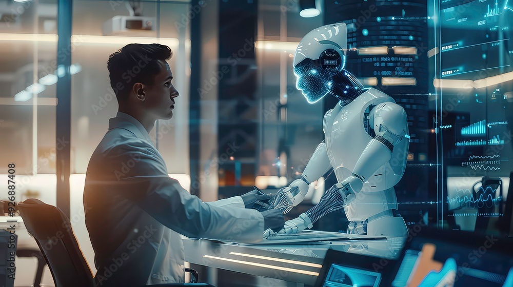 Aufkleber a man in a white lab coat sits at a desk and shakes hands with a robot while looking at a computer s