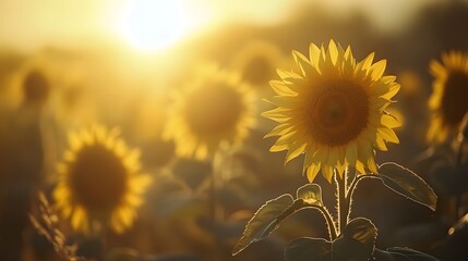 Sunlit Sunflower Field at Dusk   Serene Rural Landscape with Glowing Floral Backdrop