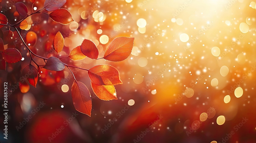 Poster enchanting autumn leaves glowing in soft light with magical bokeh, creating a warm and inviting atmo