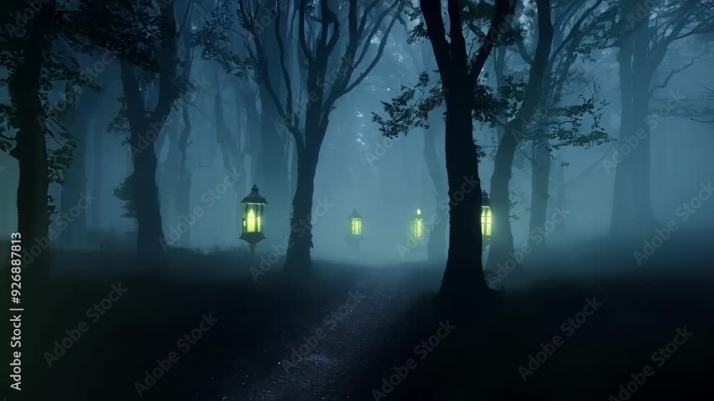 Poster mysterious path in a dark forest is illuminated by lanterns emanating an eerie green glow, creating 