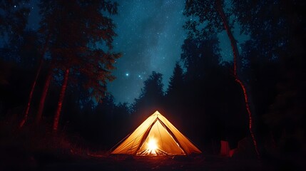 Tent Glowing Under Starry Milky Way Sky Peaceful Camping Adventure Scene