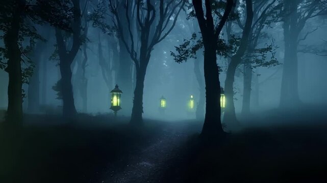 Mysterious path in a dark forest is illuminated by lanterns emanating an eerie green glow, creating a spooky and mysterious atmosphere