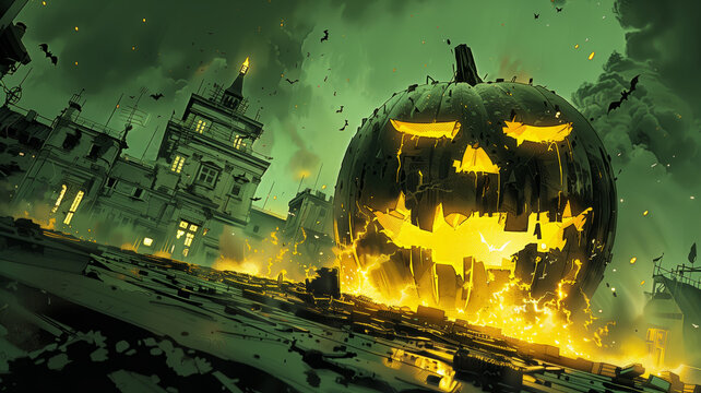 Giant Glowing Jack-O'-Lantern Towering Over Haunted Mansion with Bats in Green Sky at Halloween Night