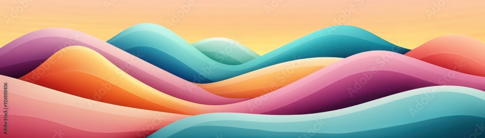 Poster vibrant abstract landscape with flowing waves in warm and cool colors, creating a soothing visual ex