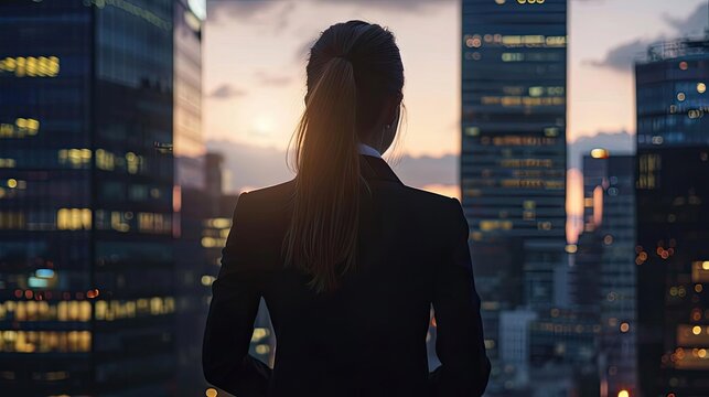 A professional woman gazes at a city skyline at sunset, symbolizing ambition and the pursuit of success in a dynamic environment.