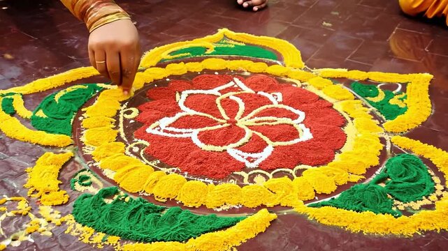 Artist carefully creating colorful traditional rangoli using colored powder
