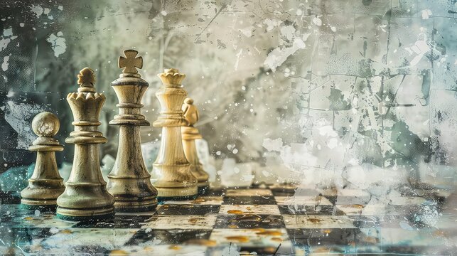 A close-up of a chessboard with white chess pieces in the foreground and a blurry background of a textured wall.