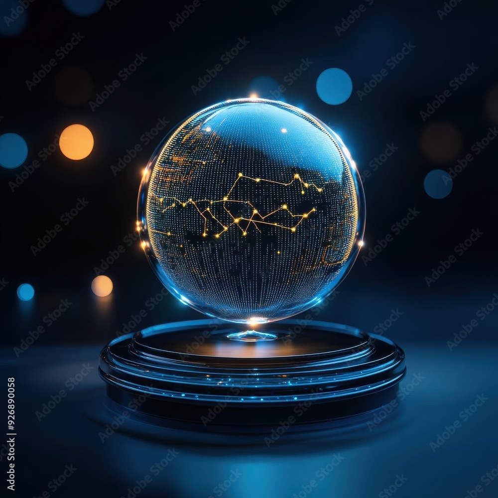 Aufkleber a futuristic glass orb displaying vibrant data patterns, illuminated with glowing lights against a d