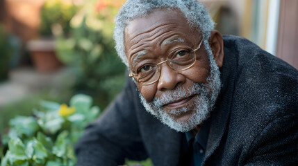 Elderly African American man nurturing a small garden showcasing vibrant colors and life