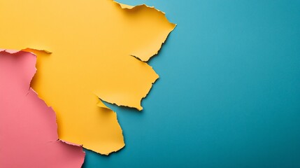 A vibrant composition of torn paper in yellow, pink, and blue, creating an abstract background.