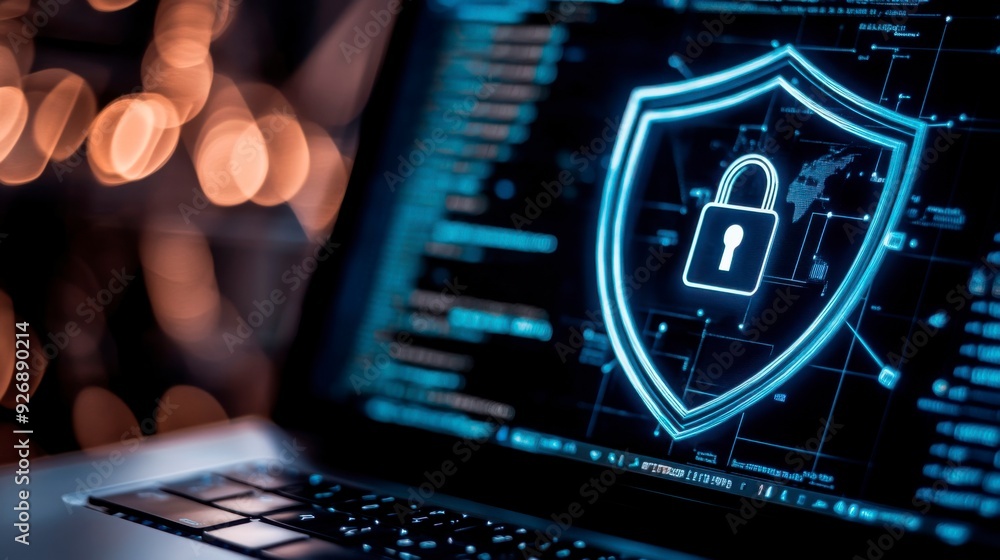 Poster a businessman shows a lock icon to protect data and secure internet access. the concept of cybersecu