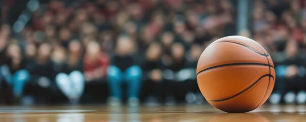 Dynamic basketball scene with a focused ball in foreground and an engaged audience in the background, capturing sports excitement.
