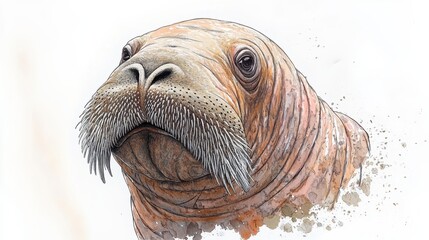 Detailed Illustration of a Walrus with Realistic Features and Textured Skin on a White Background