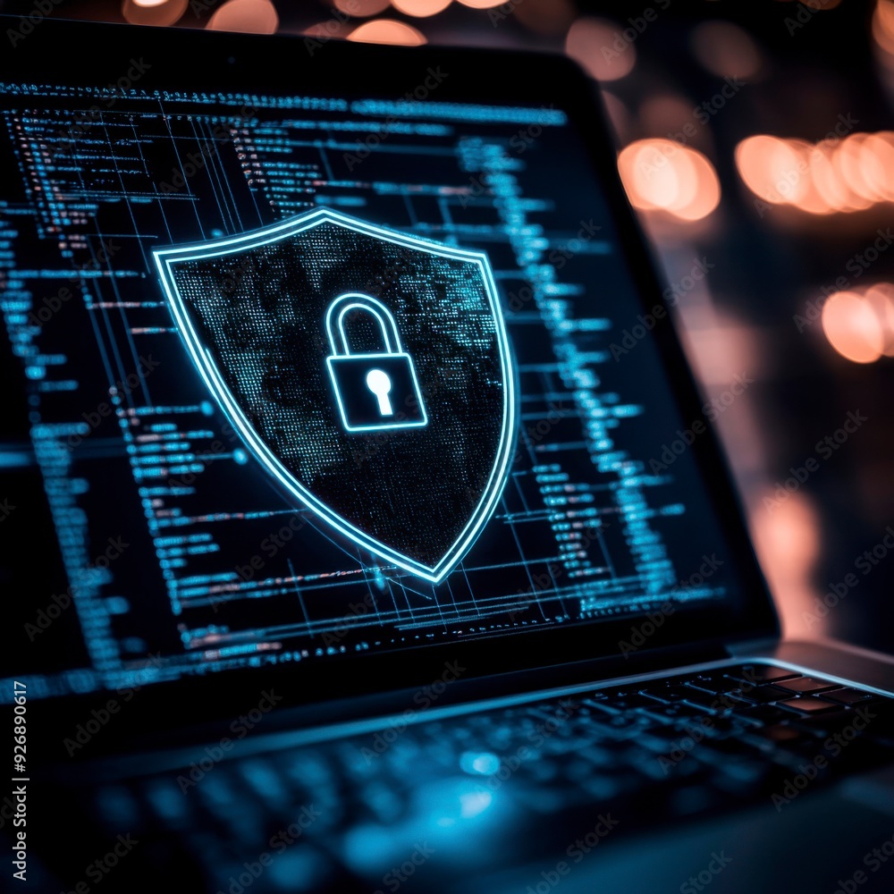Poster a businessman shows a lock icon to protect data and secure internet access. the concept of cybersecu