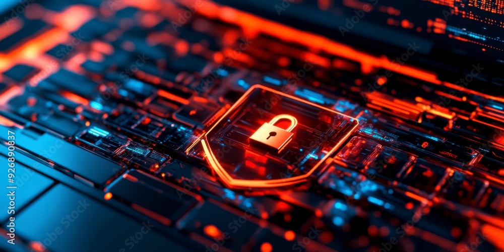 Poster a businessman shows a lock icon to protect data and secure internet access. the concept of cybersecu