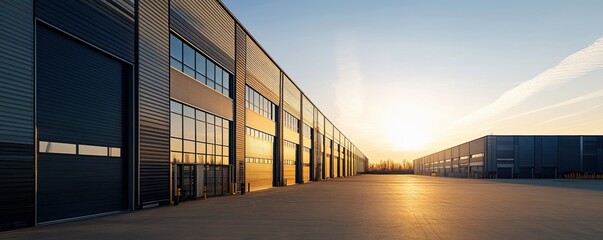 Modern industrial warehouse at sunset with large windows reflecting warm colors, ideal for commercial and real estate projects.