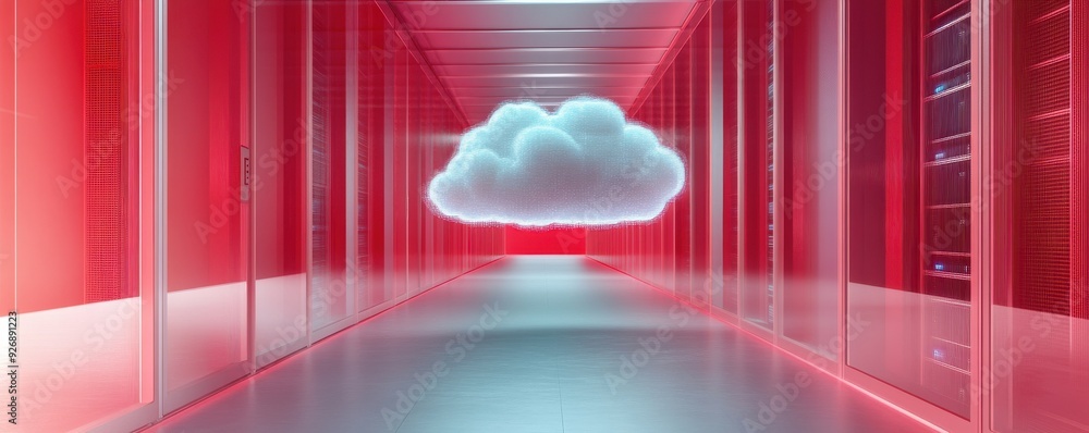 Poster futuristic data center corridor with glowing red lights and a cloud symbol representing digital stor