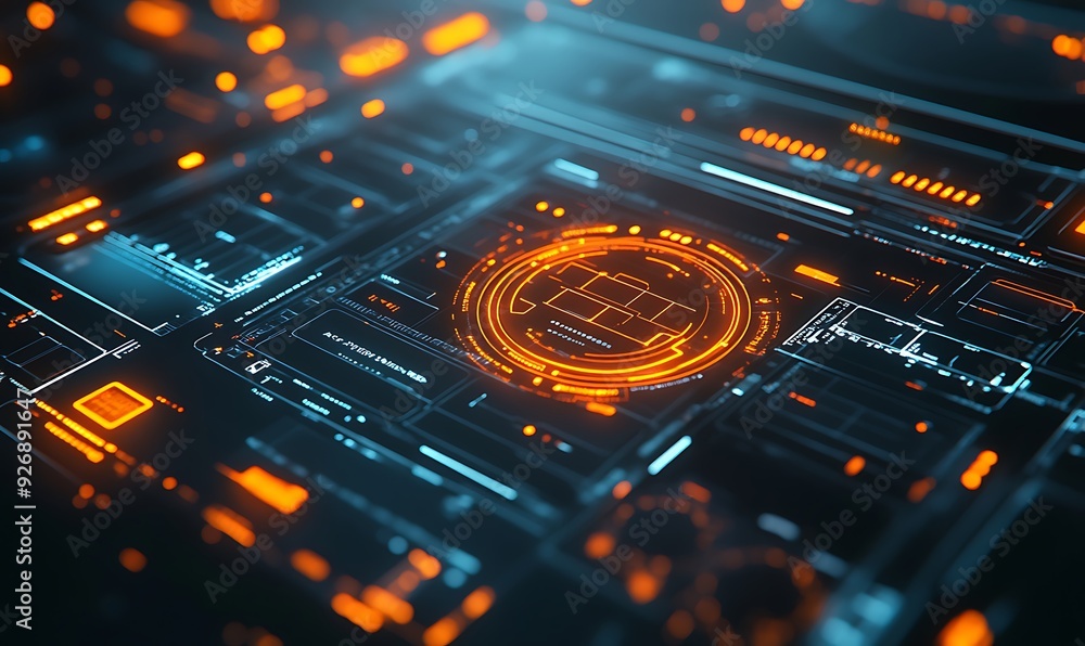 Poster Cyber Security System Assessing Risks with Glowing Indicators in Modern Interface