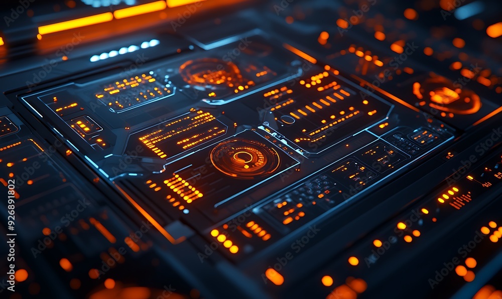 Poster Cyber Security System Assessing Risks with Glowing Indicators in Modern Interface