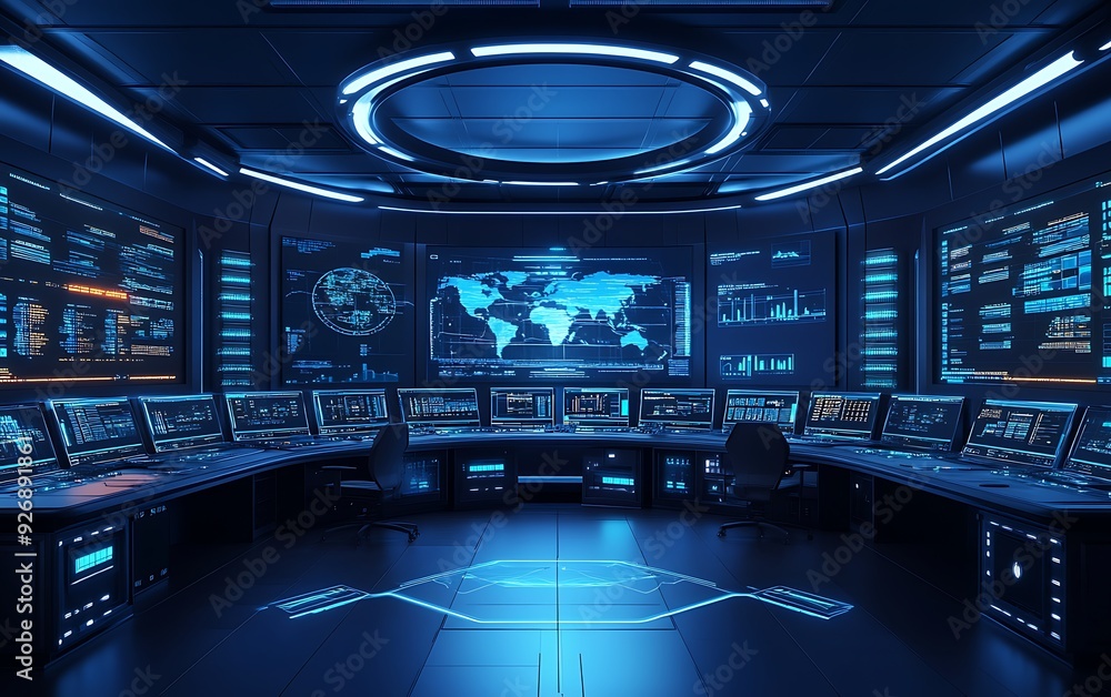 Poster futuristic control room for managing cyber risks with live data and risk assessments