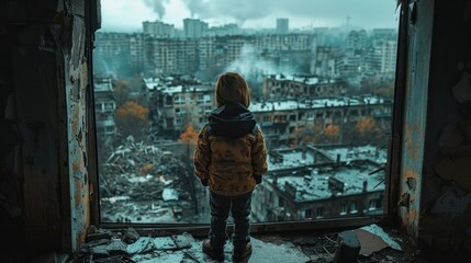 Devastated Cityscape: Child's Gaze from Home