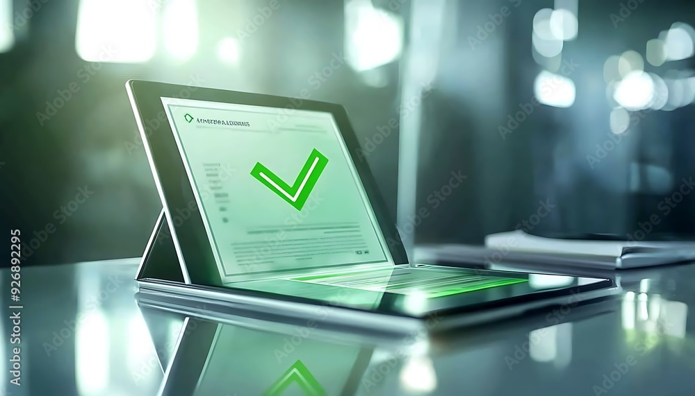 Poster Digital Interface Displaying Approved Business Document on Tablet