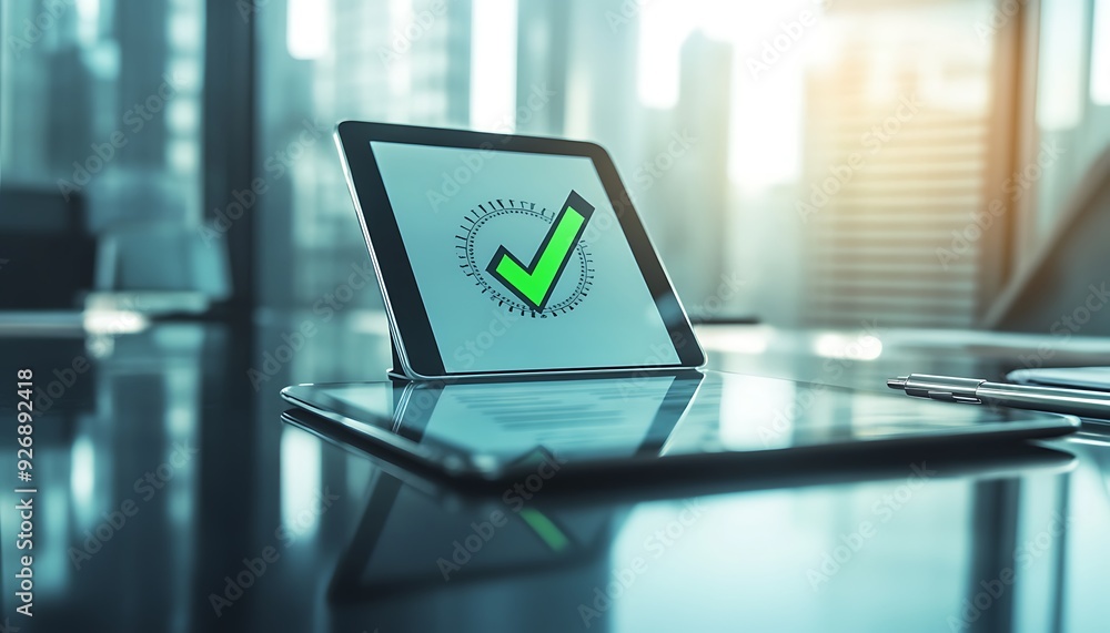 Poster Digital Interface Displaying Approved Business Document on Tablet